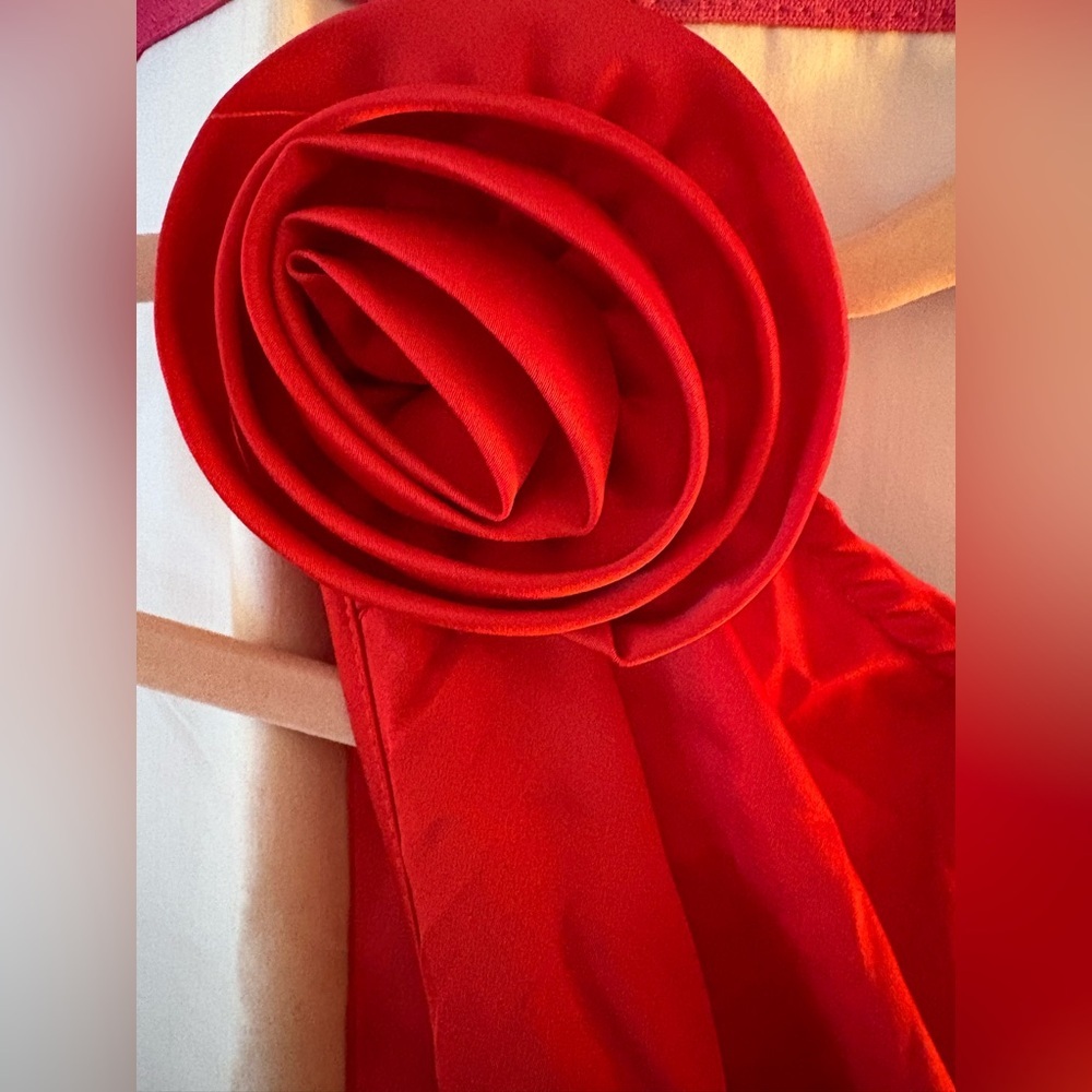 Unbranded Red One-Shoulder Maxi Dress w/Flower Embellishment, Side Zip; Size M/L - Picture 4 of 13